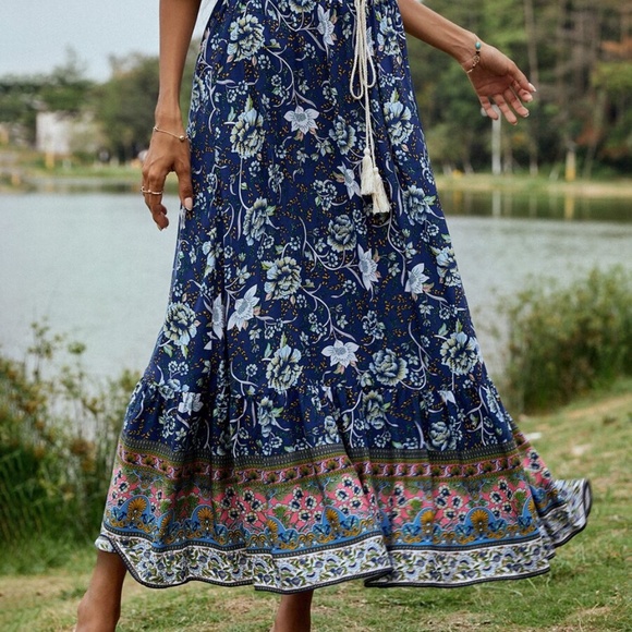 Boho Pink Floral Tassel Ruffle Maxi Skirt Gypsy - Picture 6 of 15